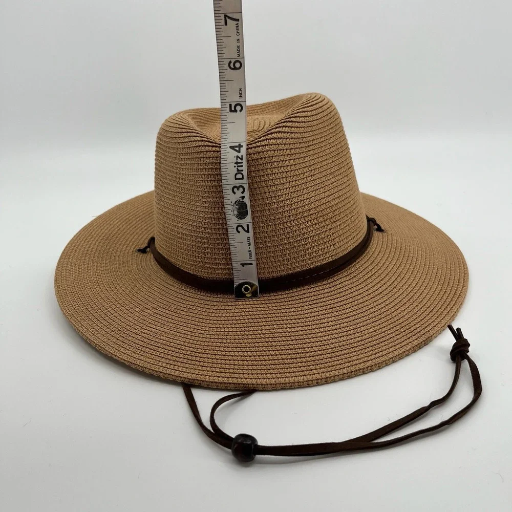 Summer Straw Sun Hat Womens Wide Brim Panama Fedora Beach Wind Lanyard UPF50+ - Picture 10 of 12